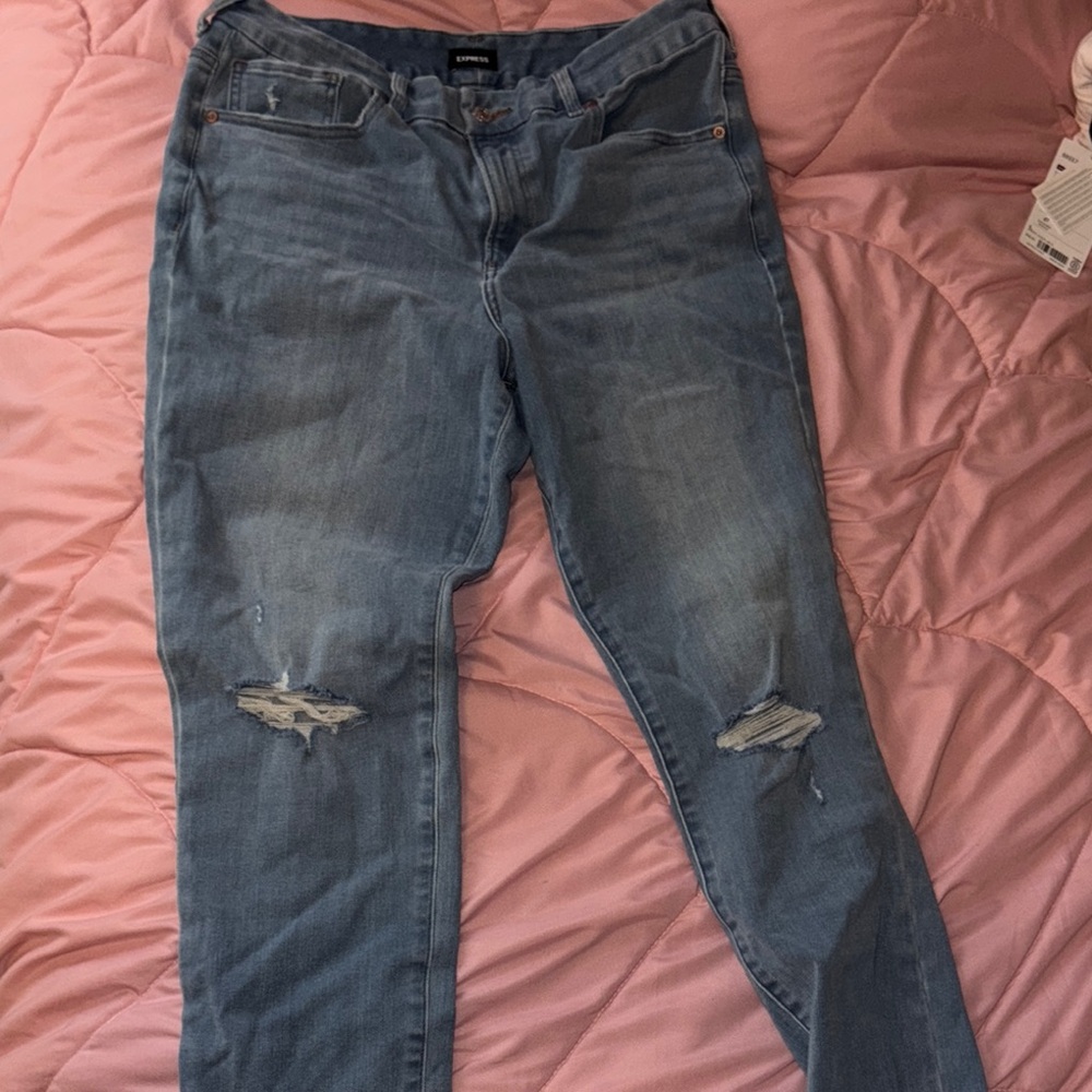 Express Blue Skinny Jeans with Distressed Details
